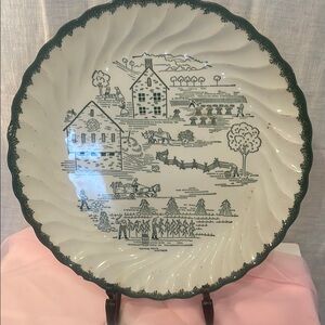 Vintage Farmhouse Scene Plate green and white